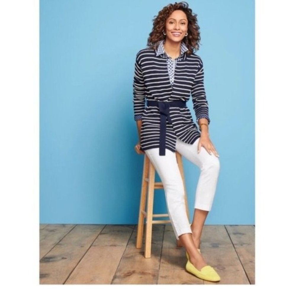 Talbots Blue White Striped Belted Cardigan Sweater Size Large